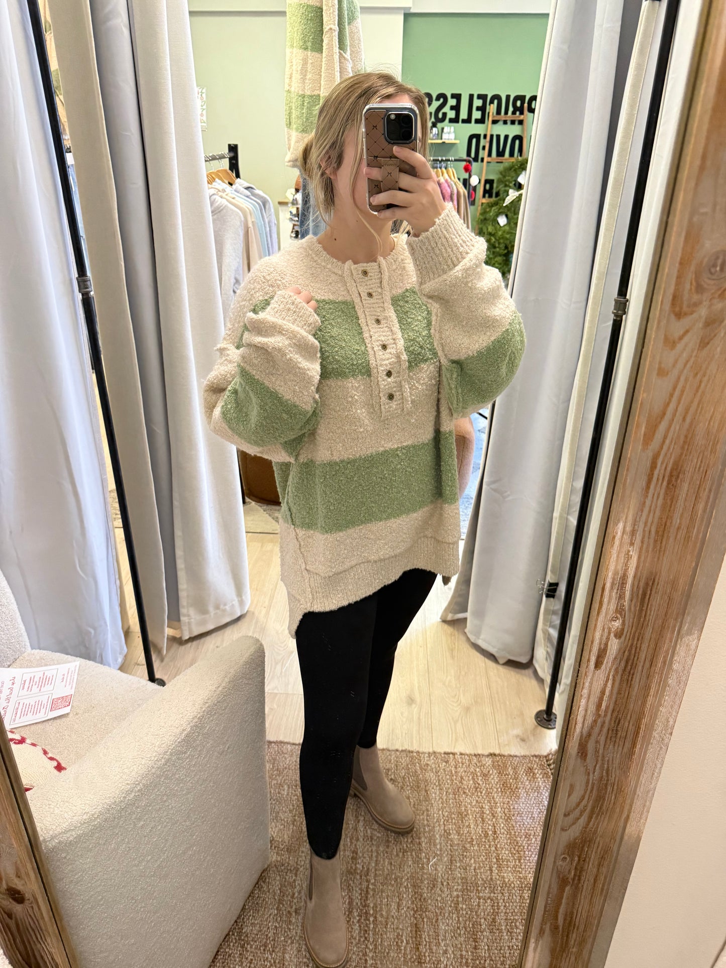 OLIVE + IVORY KNIT STRIPED SWEATER