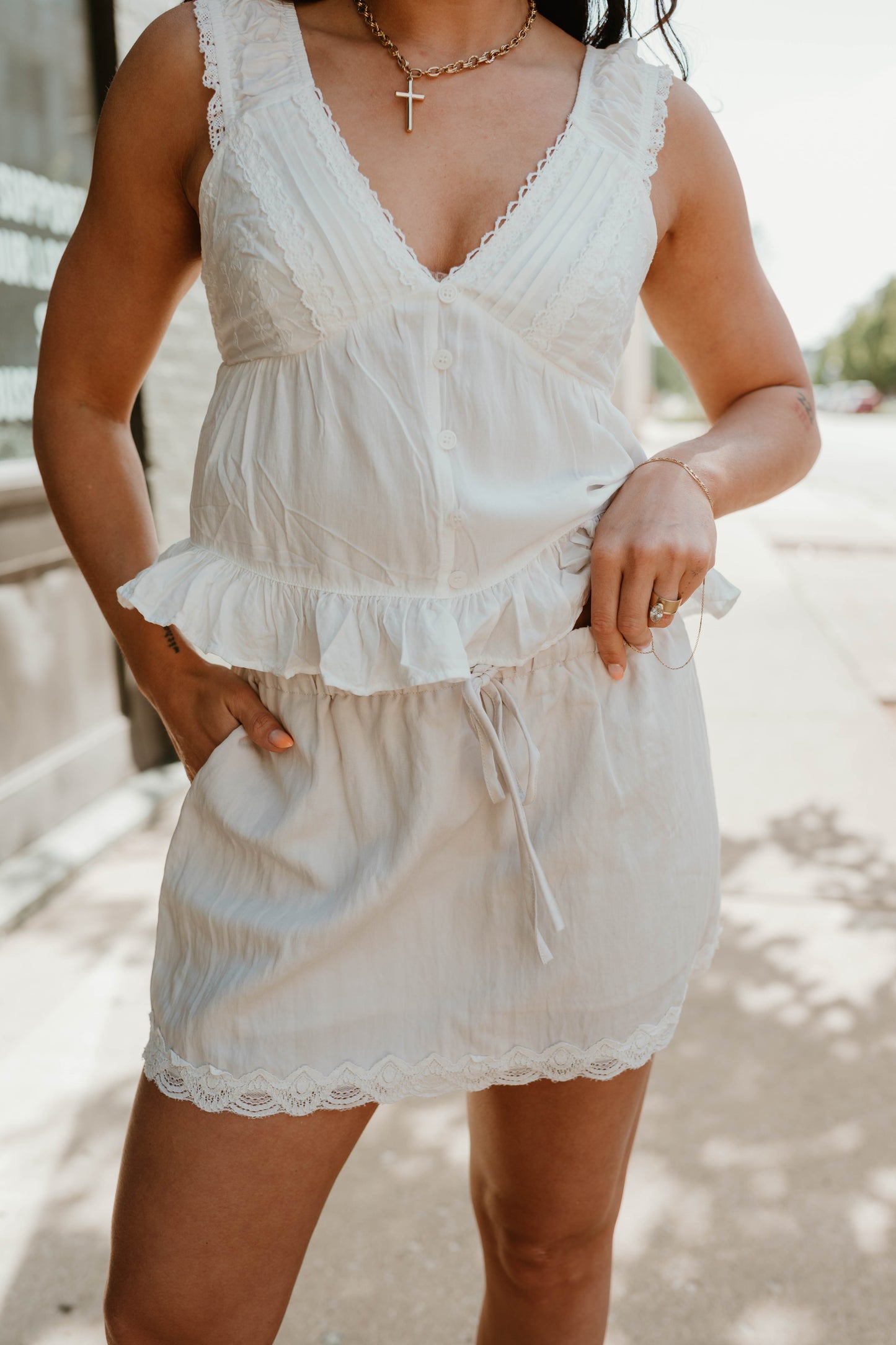 V-NECKLINE LACE TRIM TOP