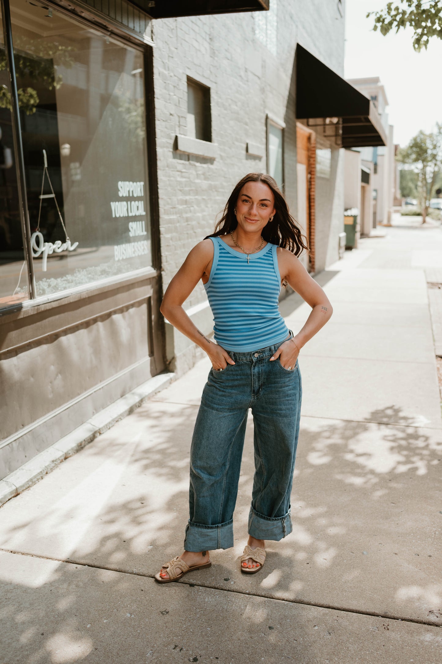BLUE STRIPED RIBBED KNIT TANK