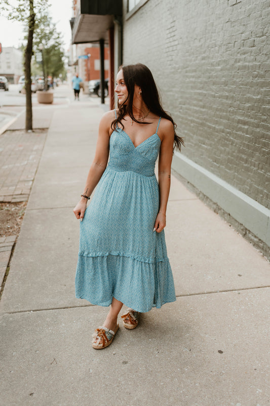 DUSTY BLUE V NECK SLIT MAXI DRESS