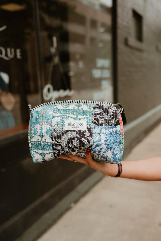 MIDNIGHT QUILTED PATCHWORK MAKEUP POUCH - LARGE