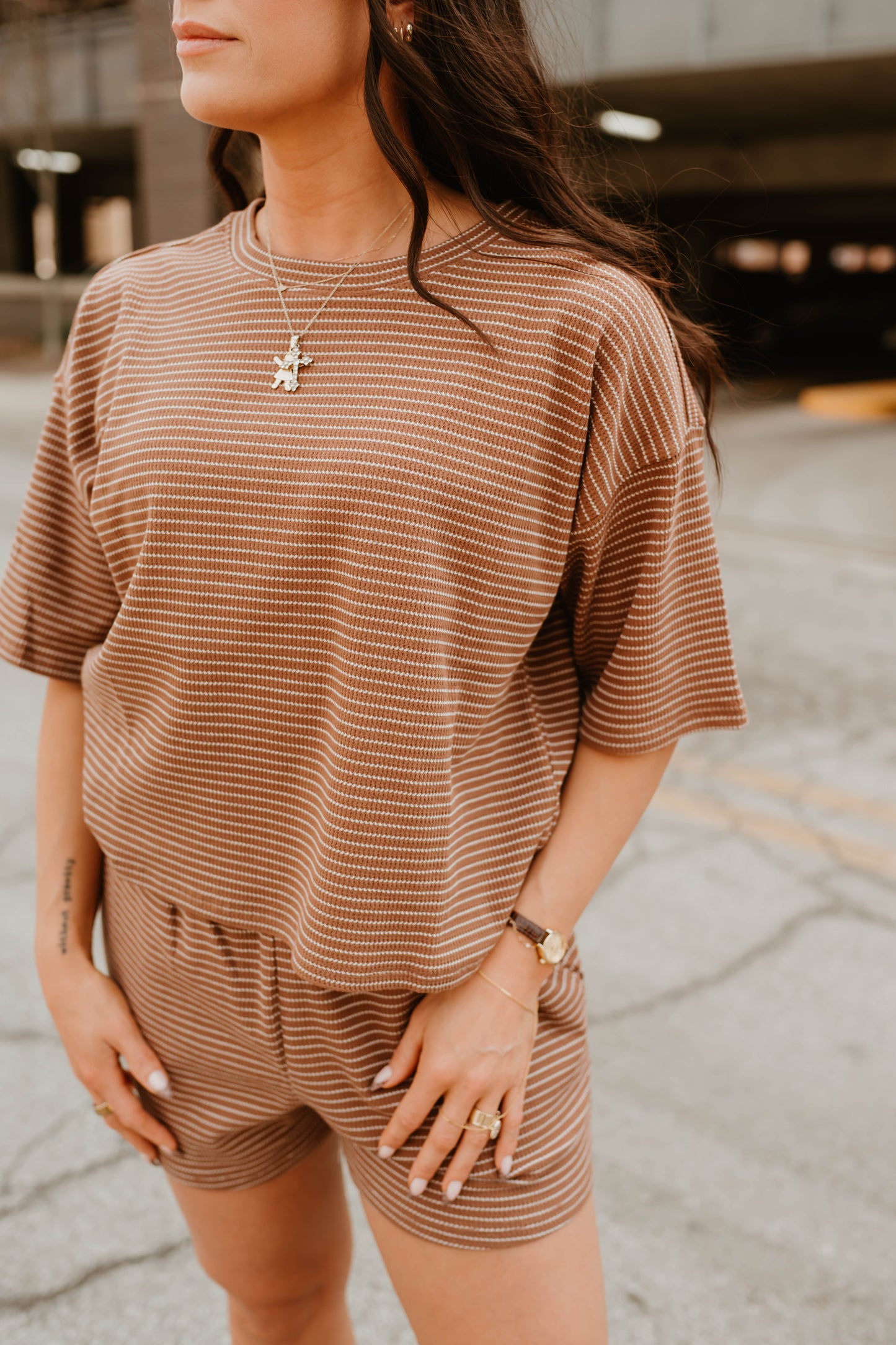 BROWN STRIPED TEE + SHORTS SET