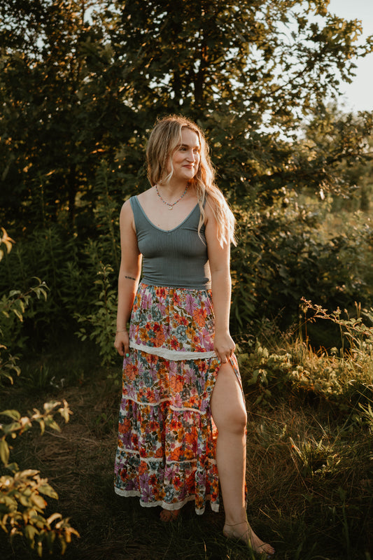 FLORAL LACE TIERED MAXI SKIRT