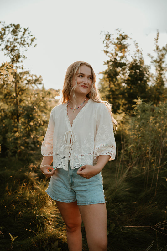 EMBROIDERED TIE FRONT BLOUSE