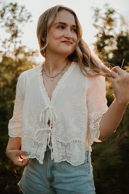 EMBROIDERED TIE FRONT BLOUSE