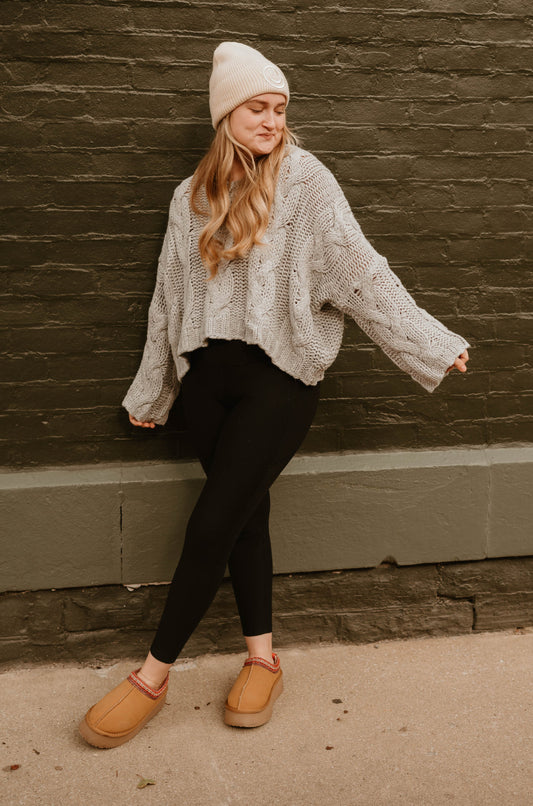 GRAY SLOUCHY V NECK SWEATER