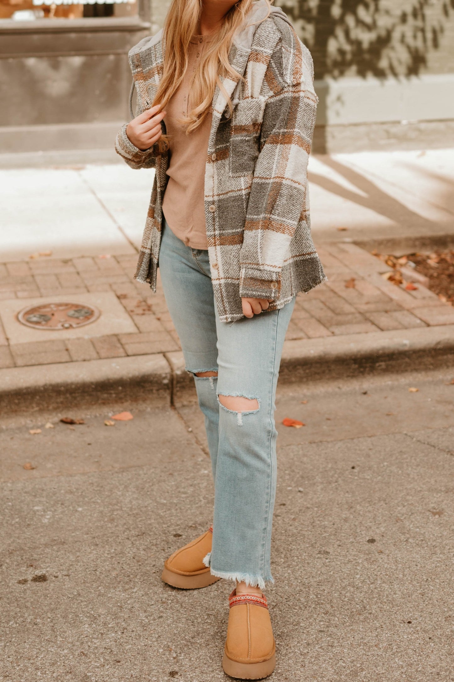 HOODED NEUTRAL PLAID SHACKET