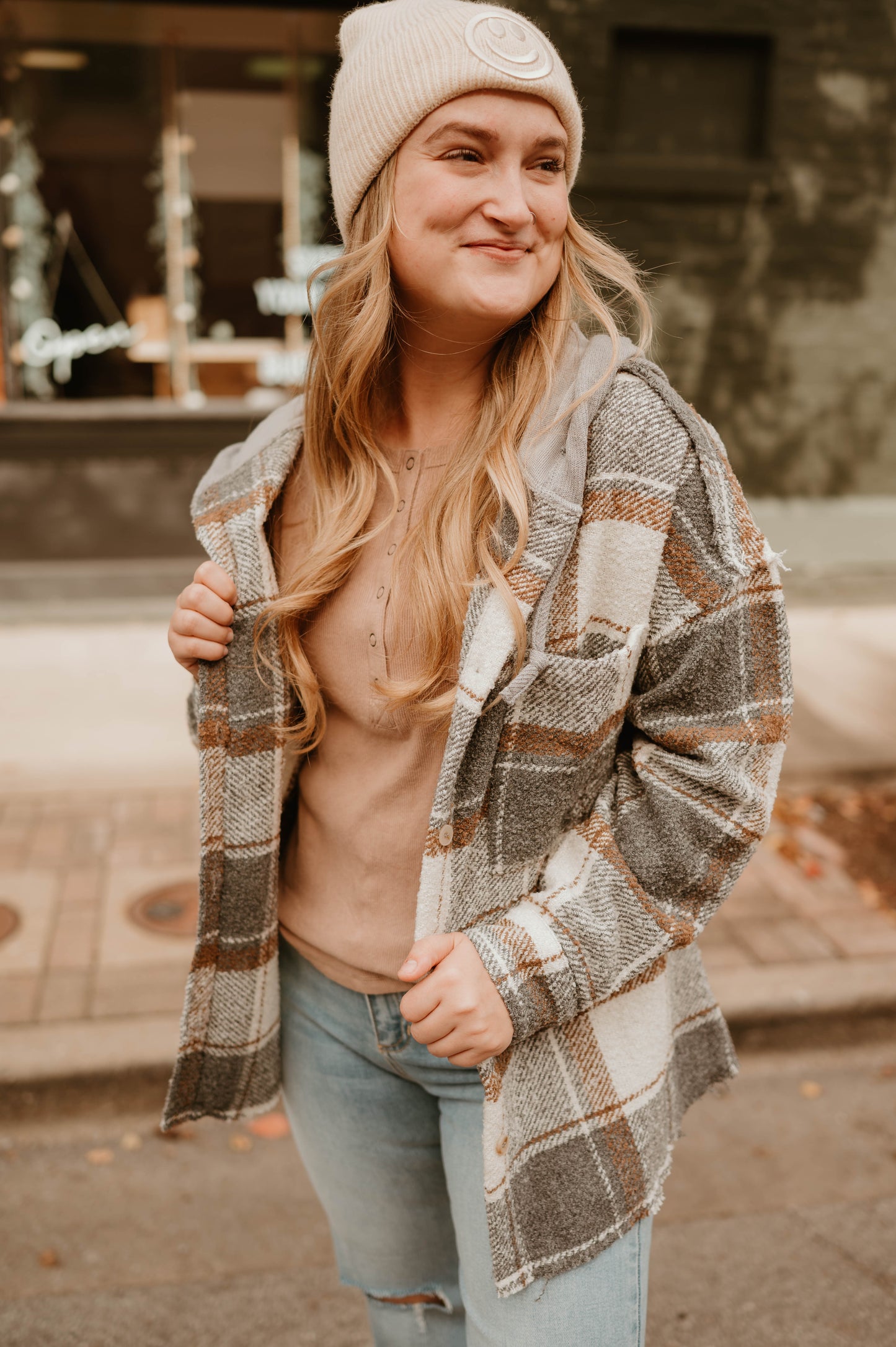 HOODED NEUTRAL PLAID SHACKET