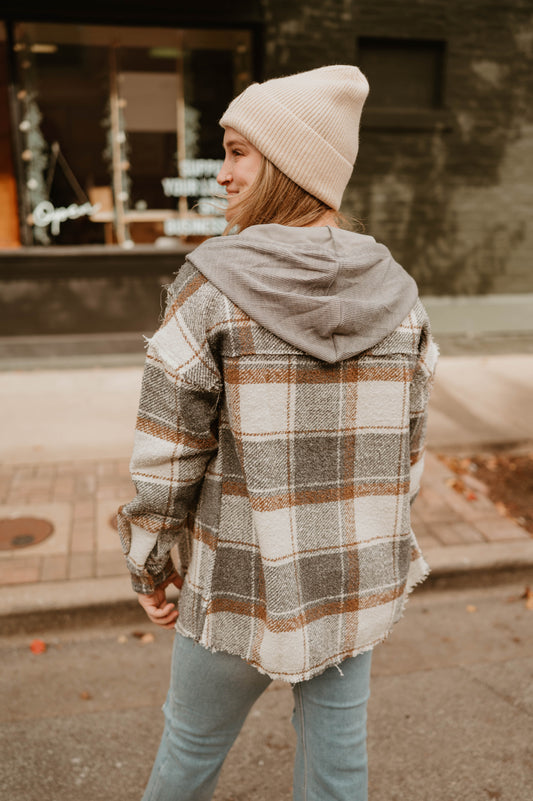 HOODED NEUTRAL PLAID SHACKET