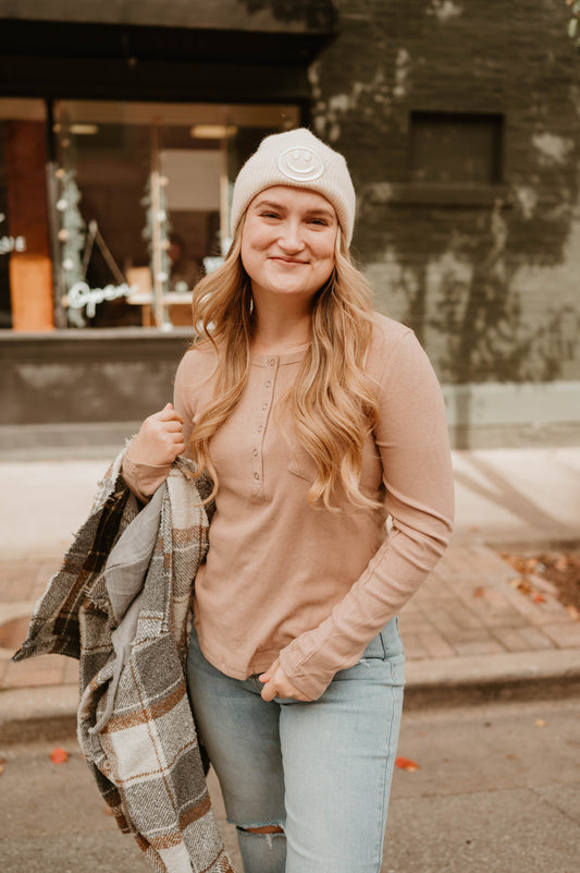 TAUPE HENLEY LONG SLEEVE