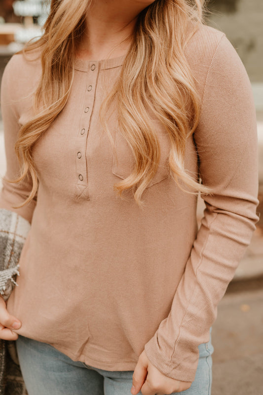 TAUPE HENLEY LONG SLEEVE