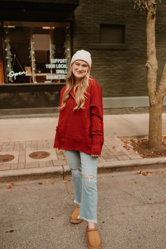 RED HENLEY PULLOVER SWEATSHIRT