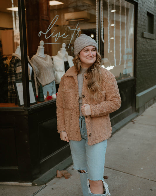 TAUPE TEDDY BUTTON UP JACKET