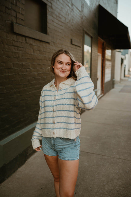 IVORY + BLUE STRIPED BUTTON SWEATER
