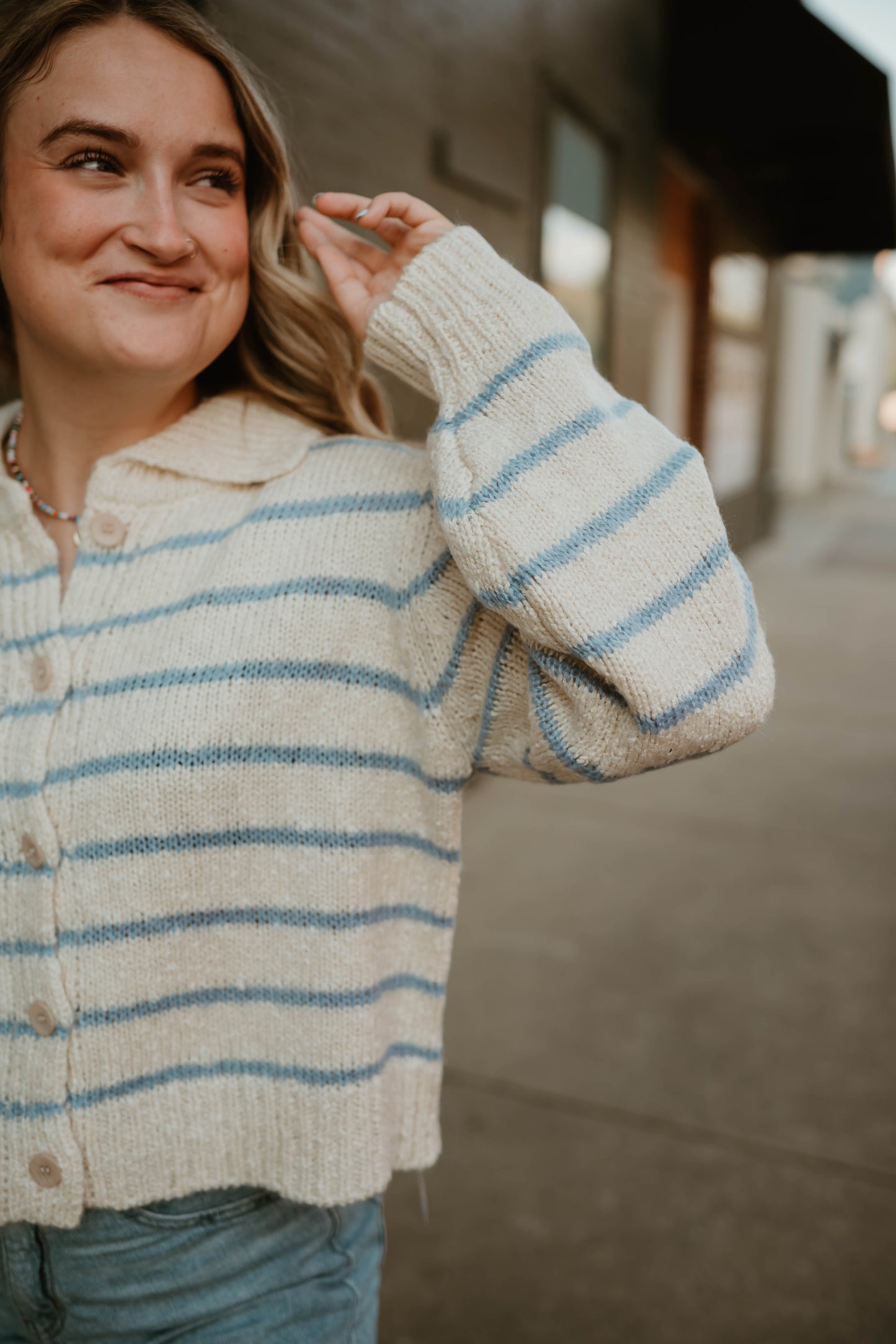 IVORY + BLUE STRIPED BUTTON SWEATER