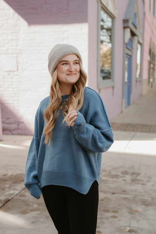 BLUE DROP SHOULDER SWEATER