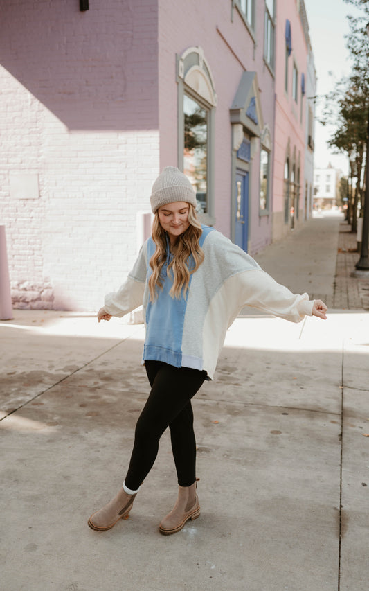 BLUE + GRAY COLOR BLOCK PULLOVER