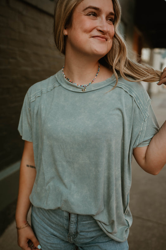 SKY RIBBED ROUND NECK TEE