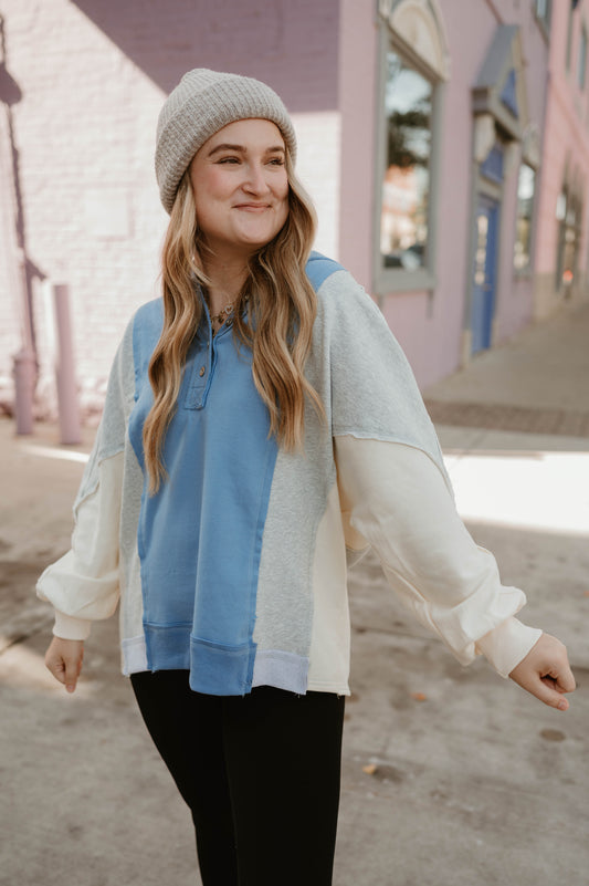 BLUE + GRAY COLOR BLOCK PULLOVER