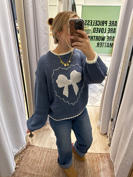 BLUE KNIT BOW SWEATER