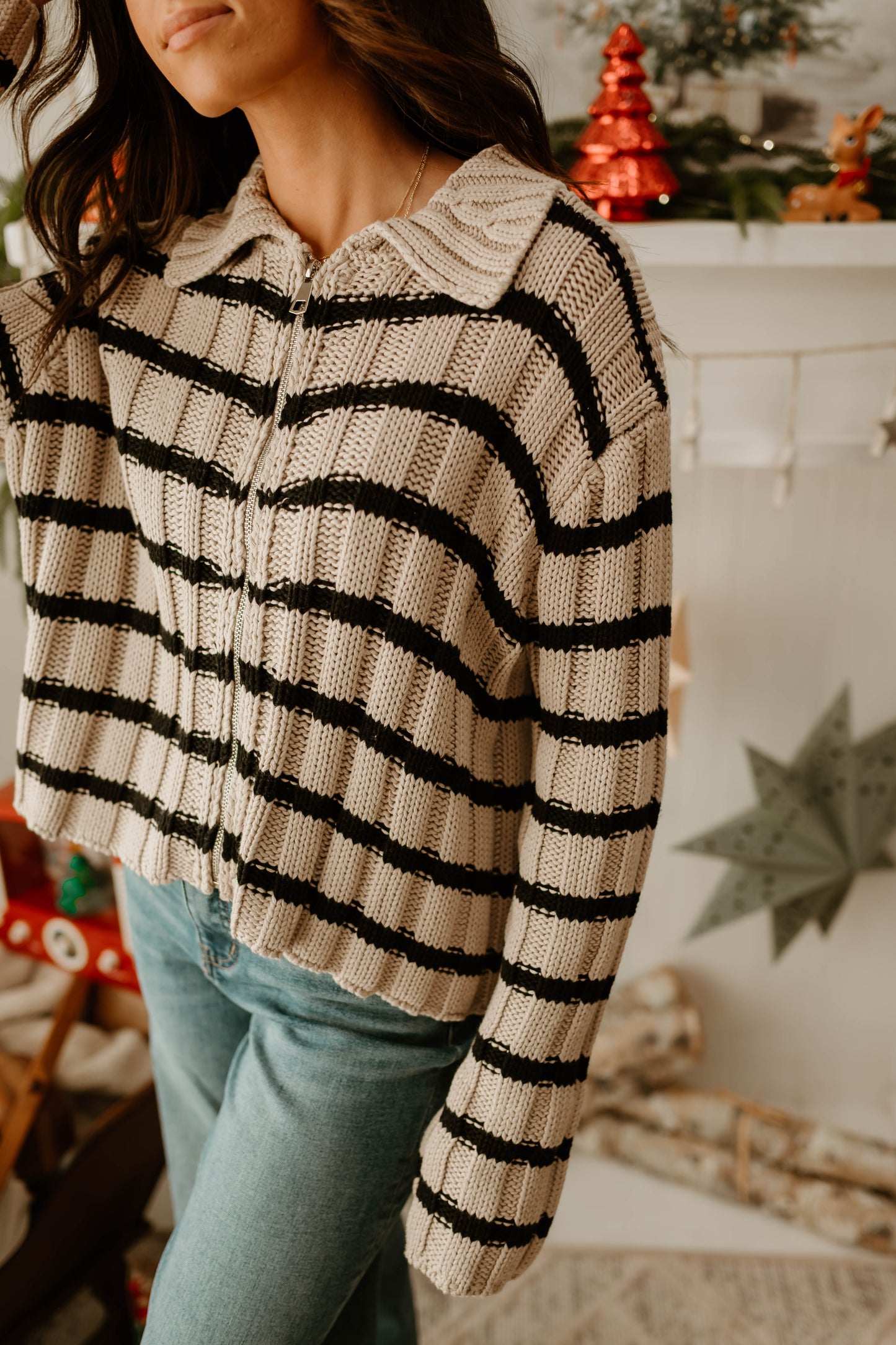 TAN + BLACK STRIPED KNIT ZIP UP
