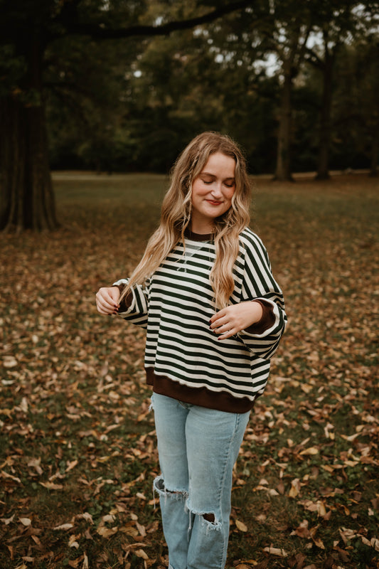 FOREST GREEN + BROWN STRIPED PULLOVER
