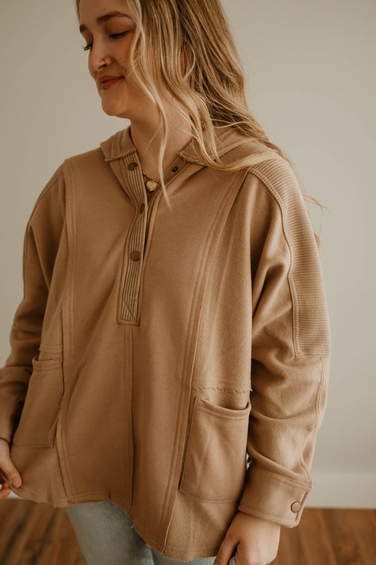 TAN HOODED HENLEY PULLOVER