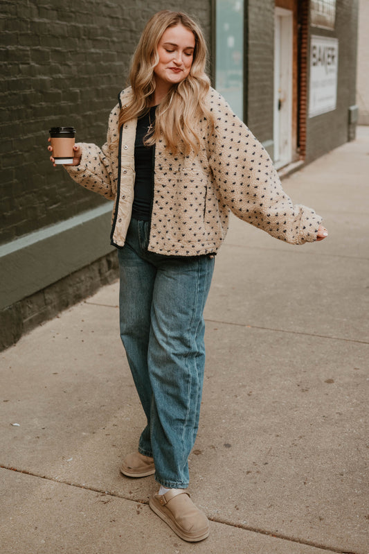 NAVY + TAN SNAP BUTTON SHERPA JACKET