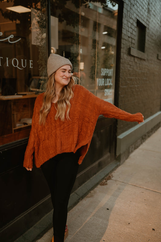 RUST BRAIDED KNIT SWEATER