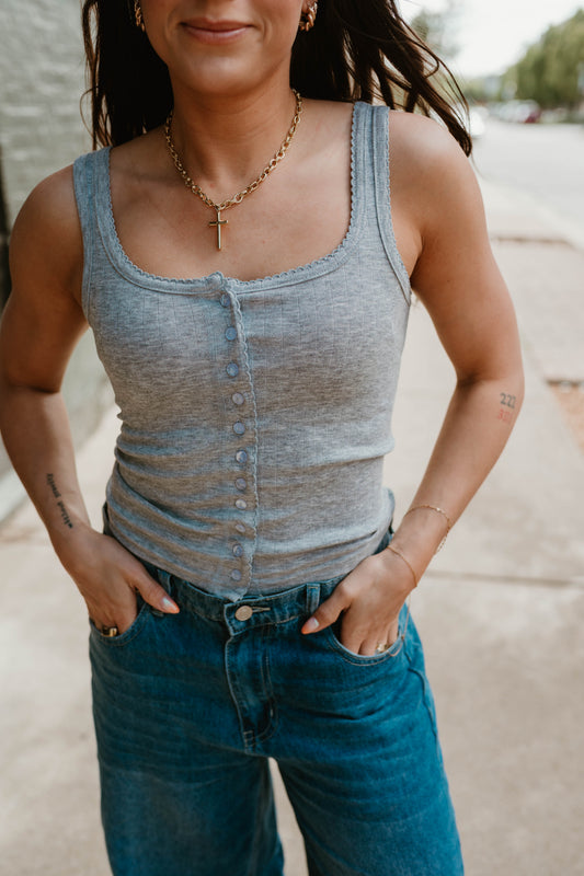 GRAY BUTTON FRONT KNIT TANK
