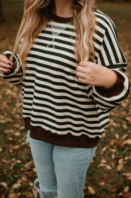 FOREST GREEN + BROWN STRIPED PULLOVER