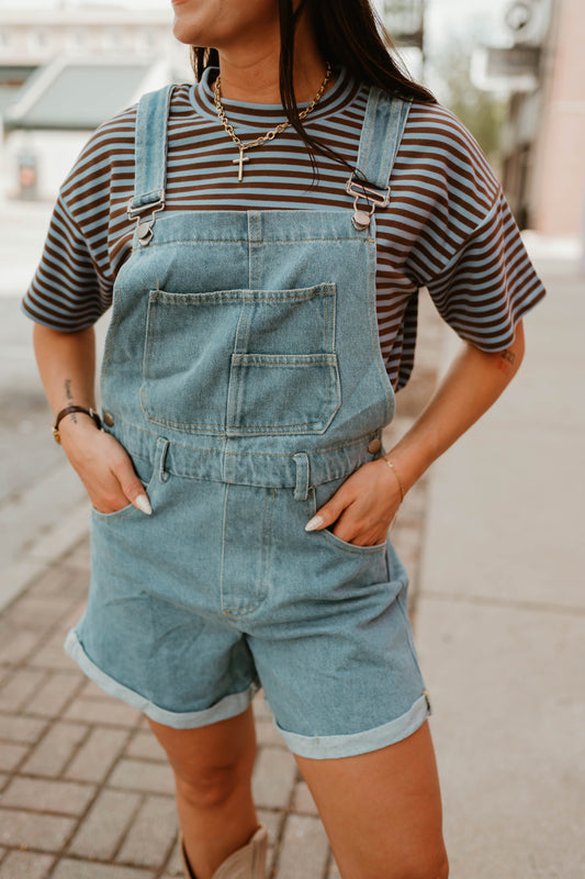 DENIM CROSS BACK SHORT OVERALLS