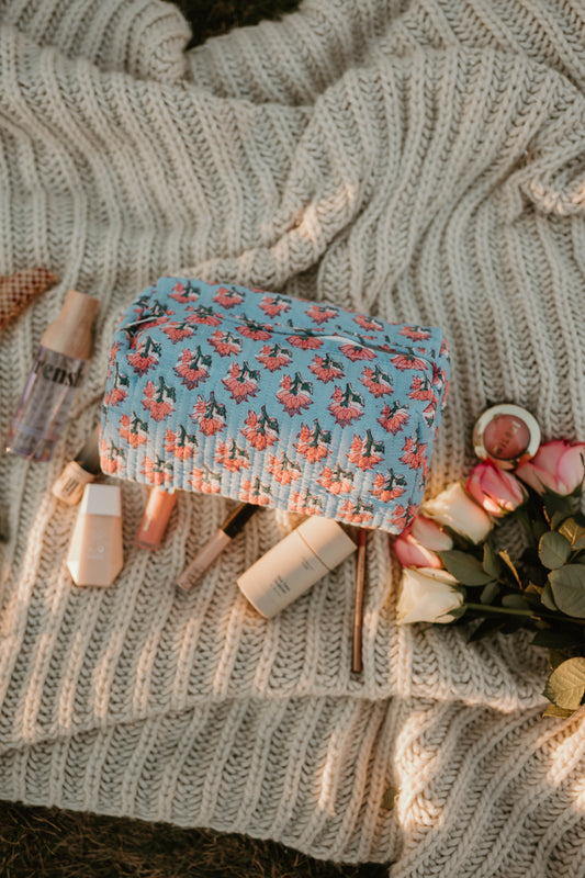 BLUE + PINK FLORAL MAKEUP BAG