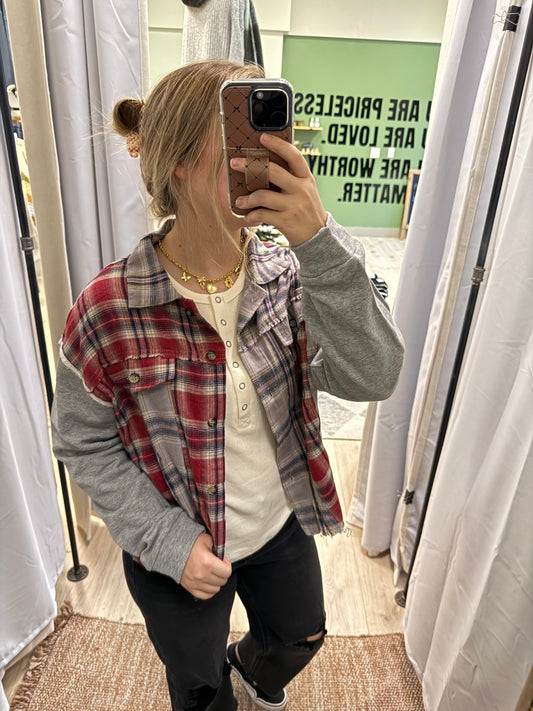 TERRY SLEEVE PLAID SHACKET