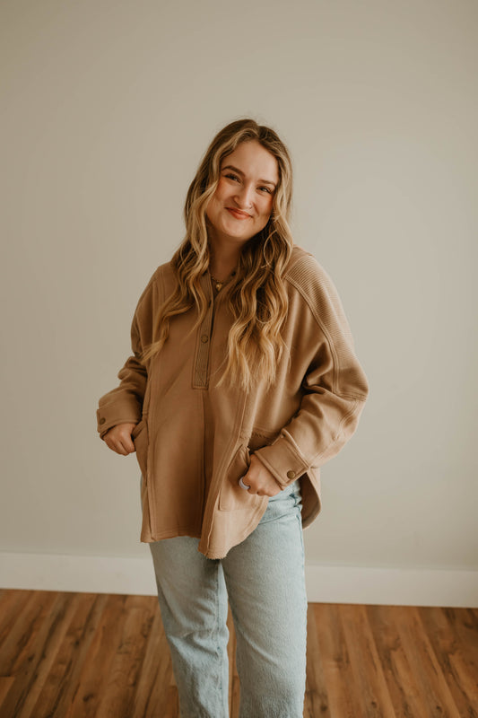 TAN HOODED HENLEY PULLOVER