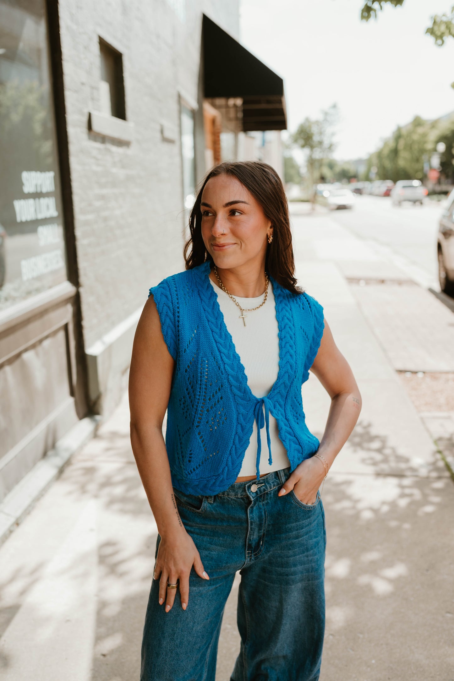 BLUE TIE FRONT KNIT TOP