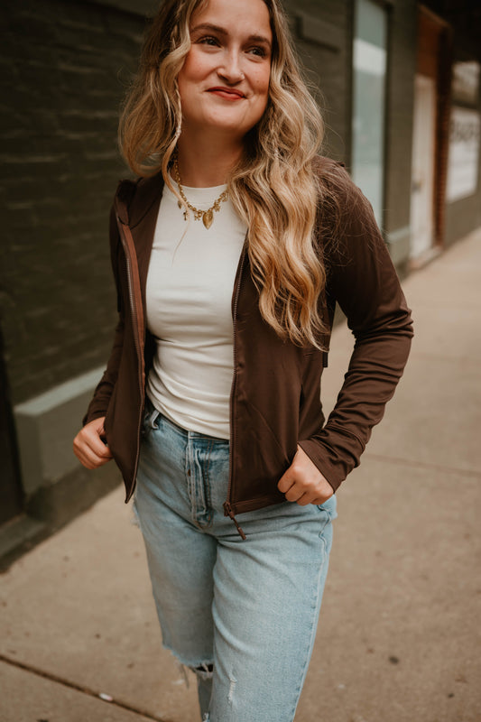 CHOCOLATE CROPPED ATHLETIC JACKET