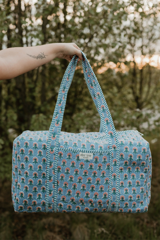 PERIWINKLE + PINK FLORAL DUFFLE BAG
