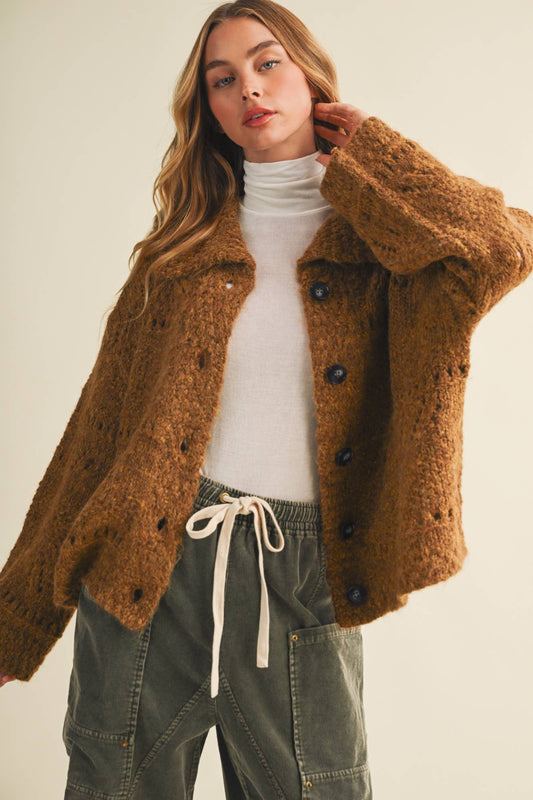 CAMEL OPEN KNIT BUTTON FRONT SWEATER