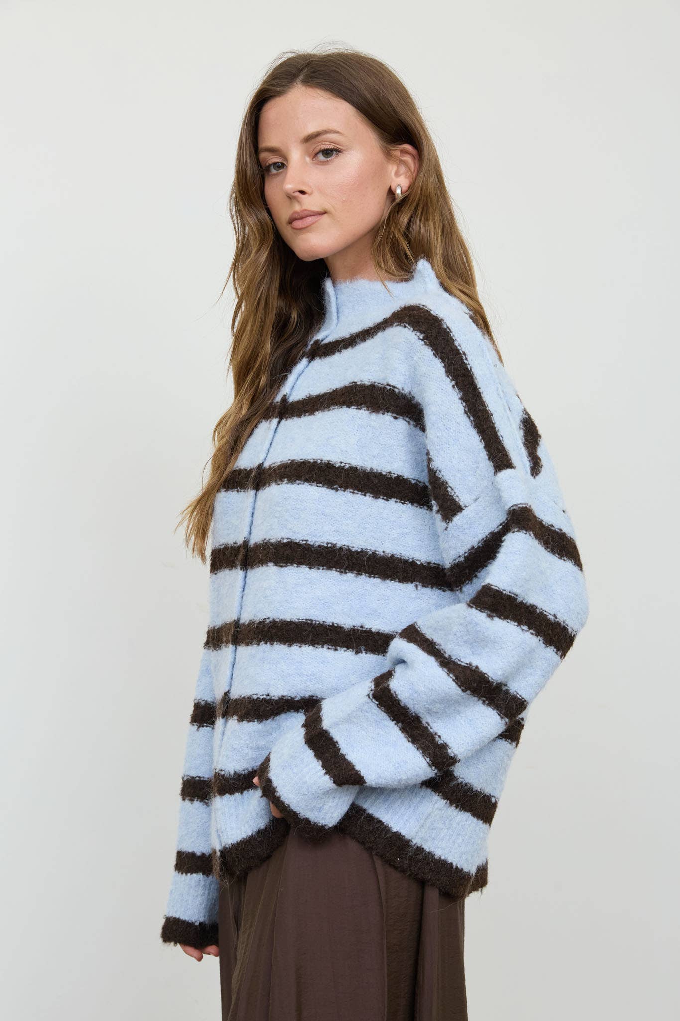 BLUE + BROWN STRIPED BUTTON DOWN CARDIGAN