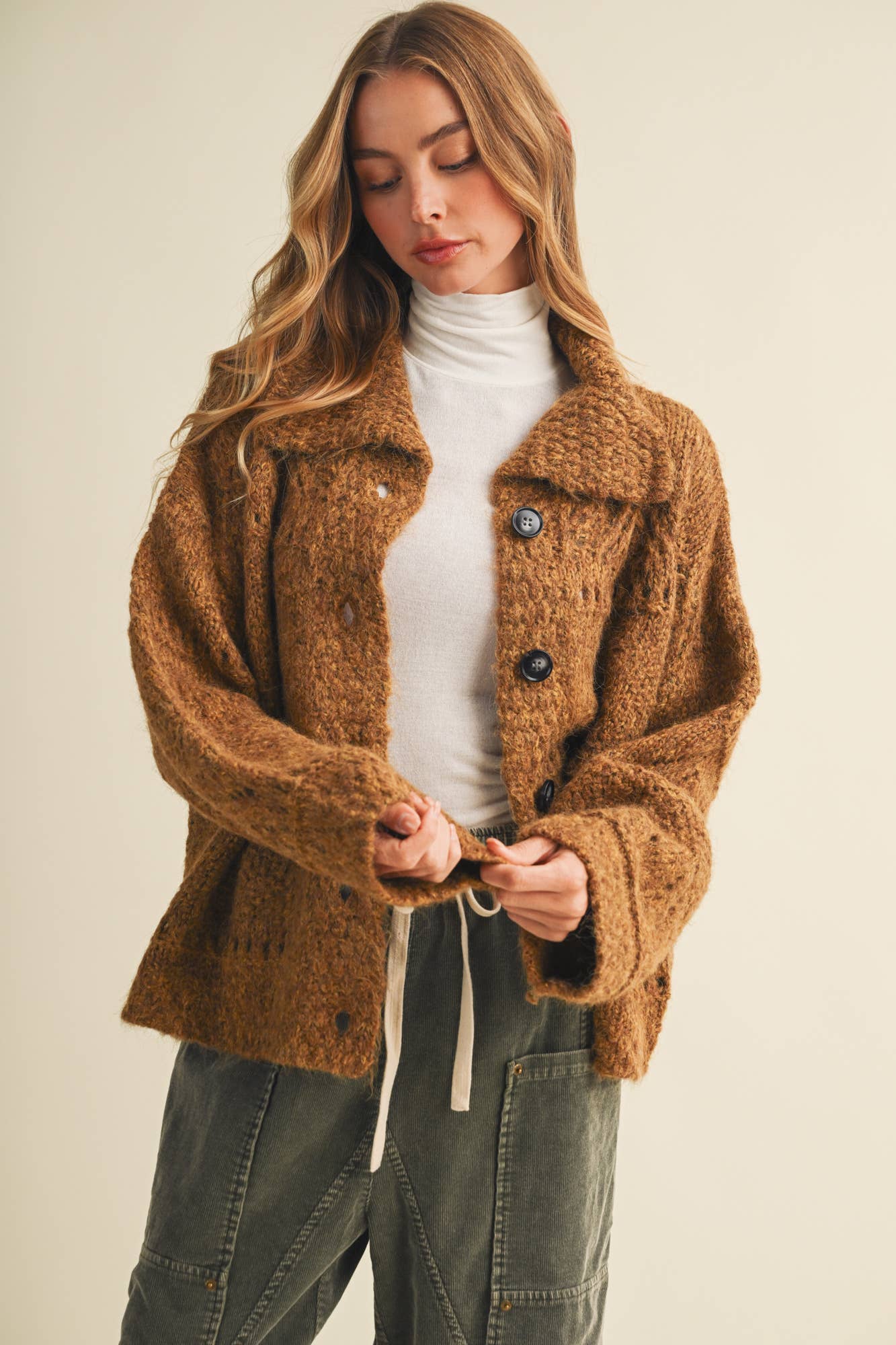 CAMEL OPEN KNIT BUTTON FRONT SWEATER