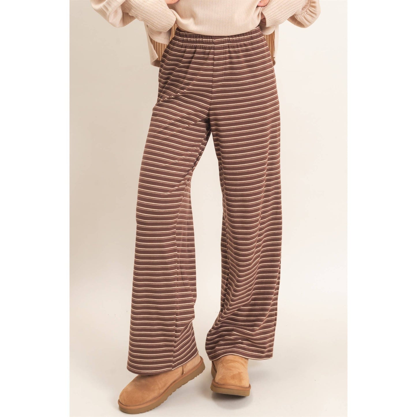 BROWN STRIPED ELASTIC LOUNGE PANTS