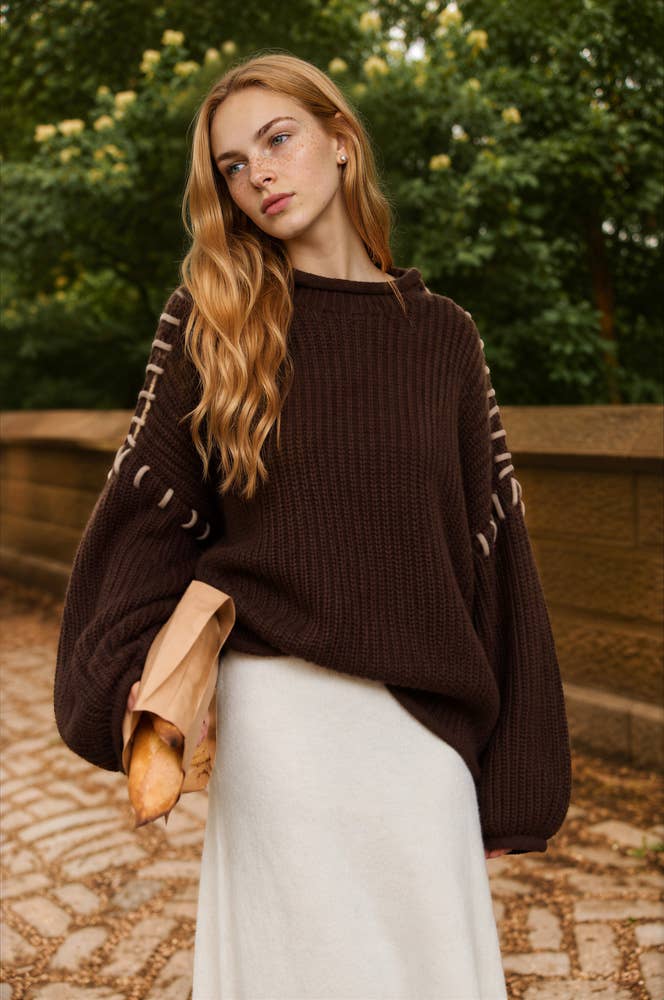 CONTRAST STITCH MOCK NECK SWEATER