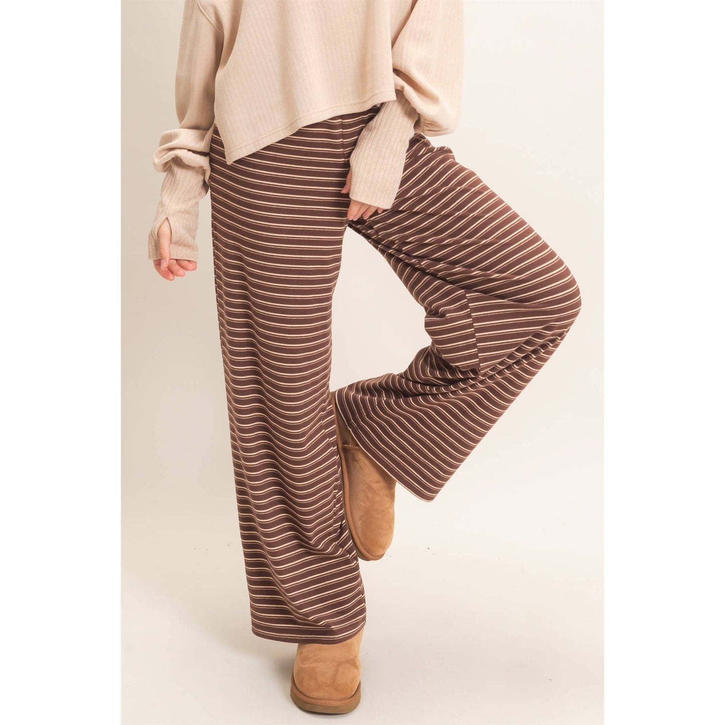 BROWN STRIPED ELASTIC LOUNGE PANTS