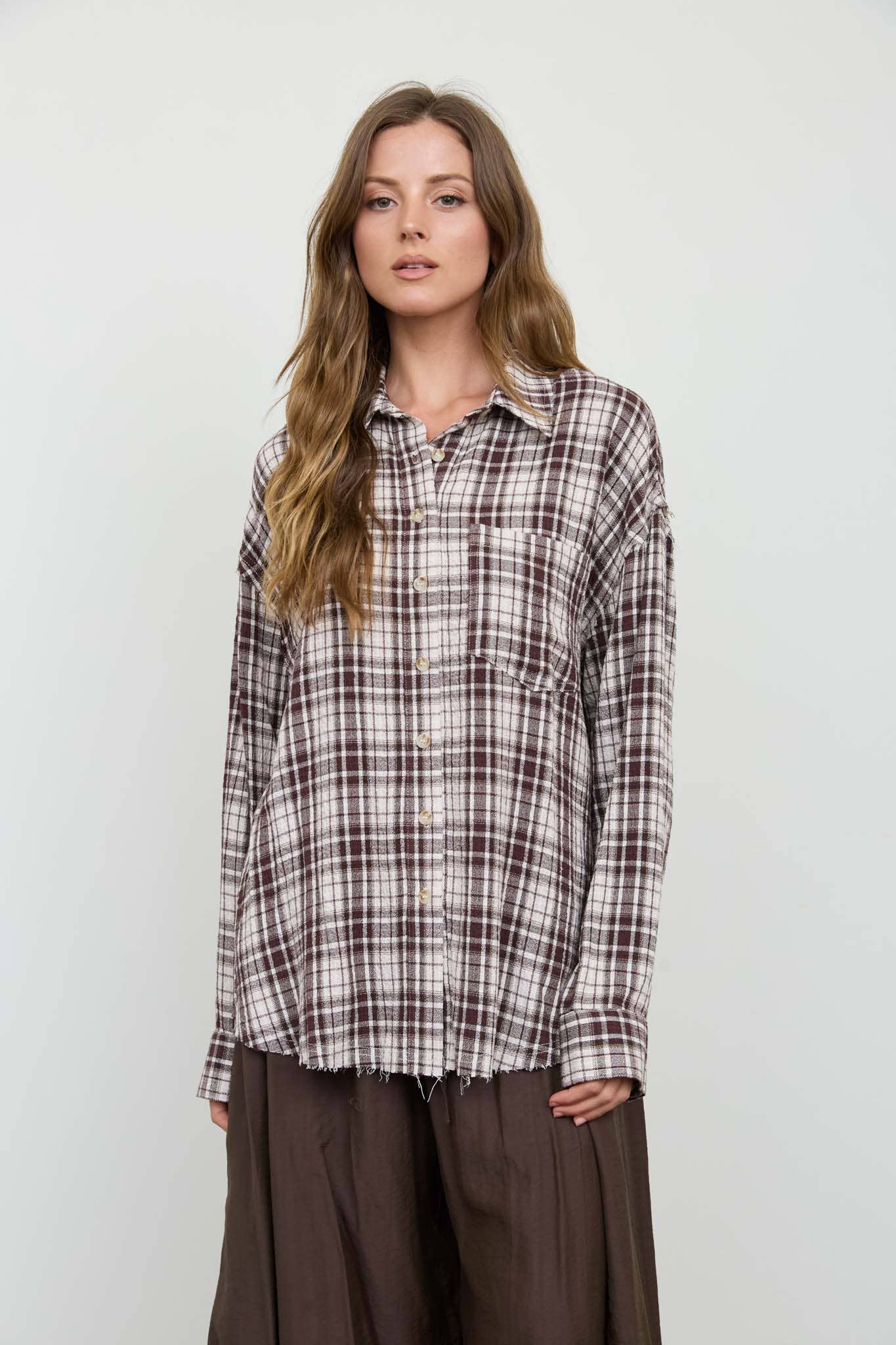 BROWN + CREAM PLAID BUTTON DOWN