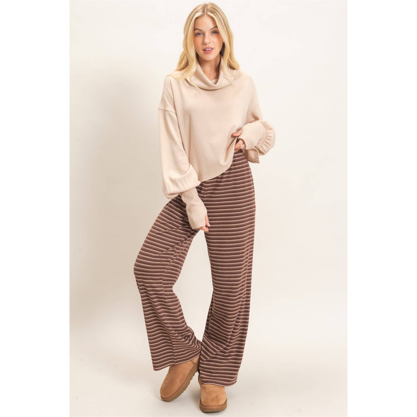 BROWN STRIPED ELASTIC LOUNGE PANTS