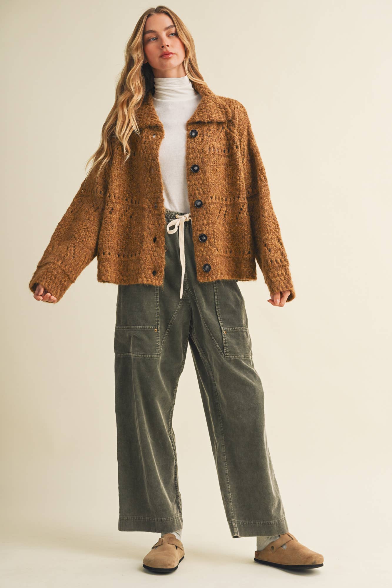 CAMEL OPEN KNIT BUTTON FRONT SWEATER