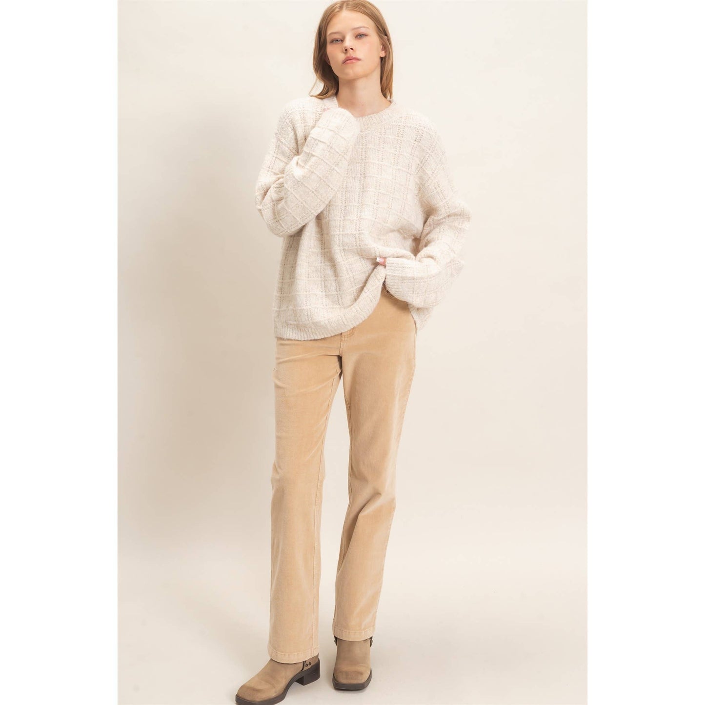 OATMEAL GRID KNIT SWEATER