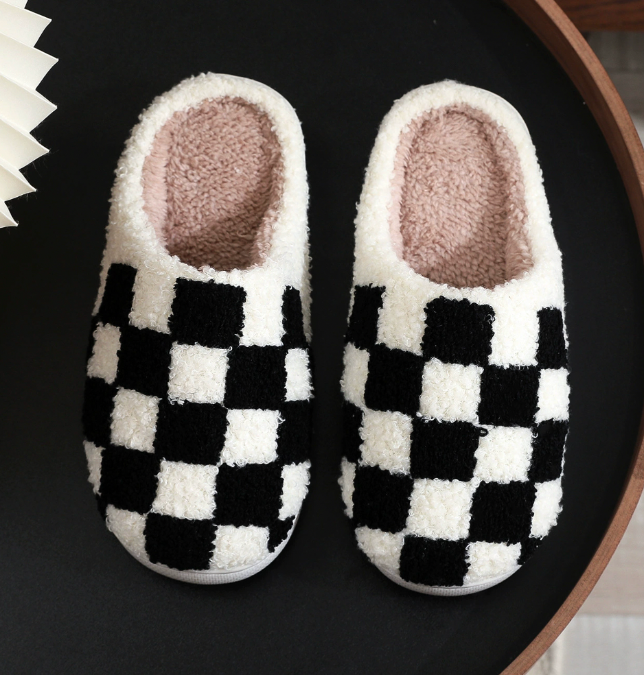 BLACK + WHITE CHECKERED SLIPPERS