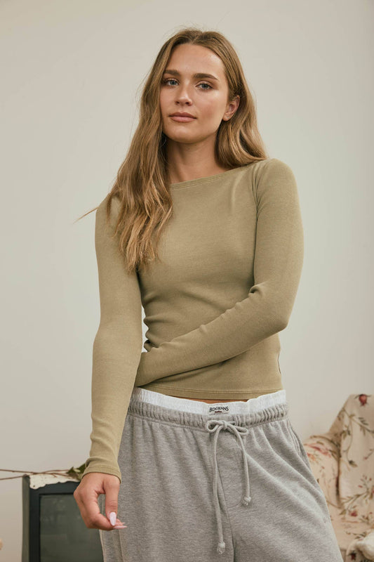 LIGHT OLIVE RIBBED KNIT LONG SLEEVE